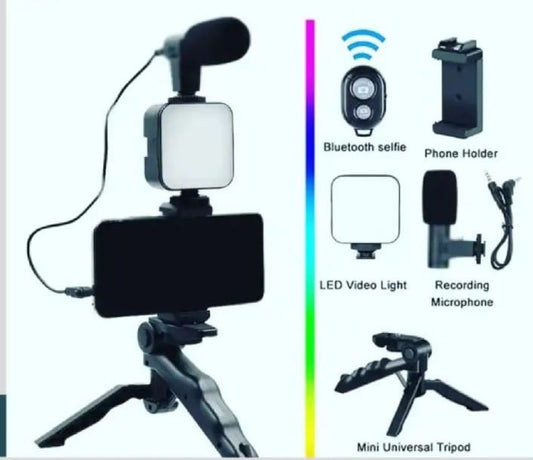 Portable Video Recording Setup with LED Light, Shotgun Microphone & Flexible Tripod