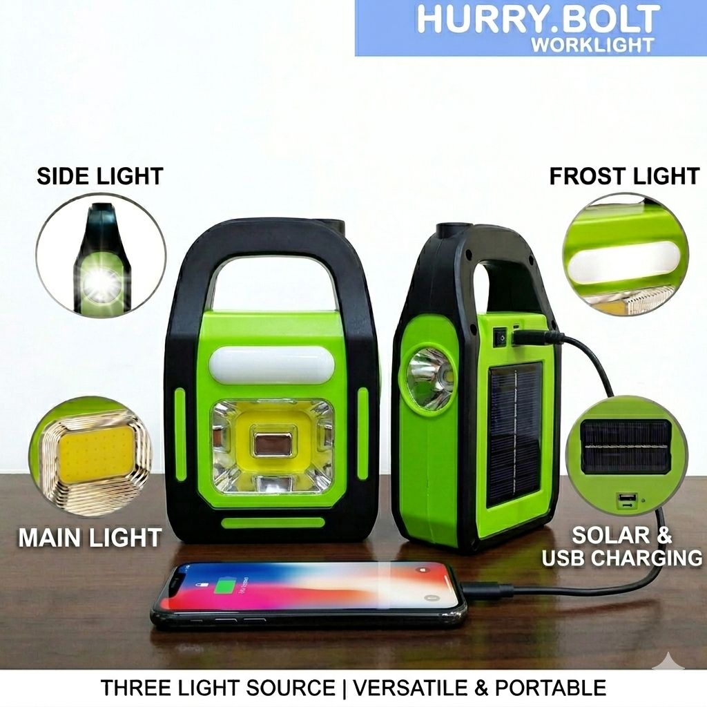Solar Rechargeable 3-in-1 Emergency Light – Portable LED Work Lamp, Flashlight & Power Bank