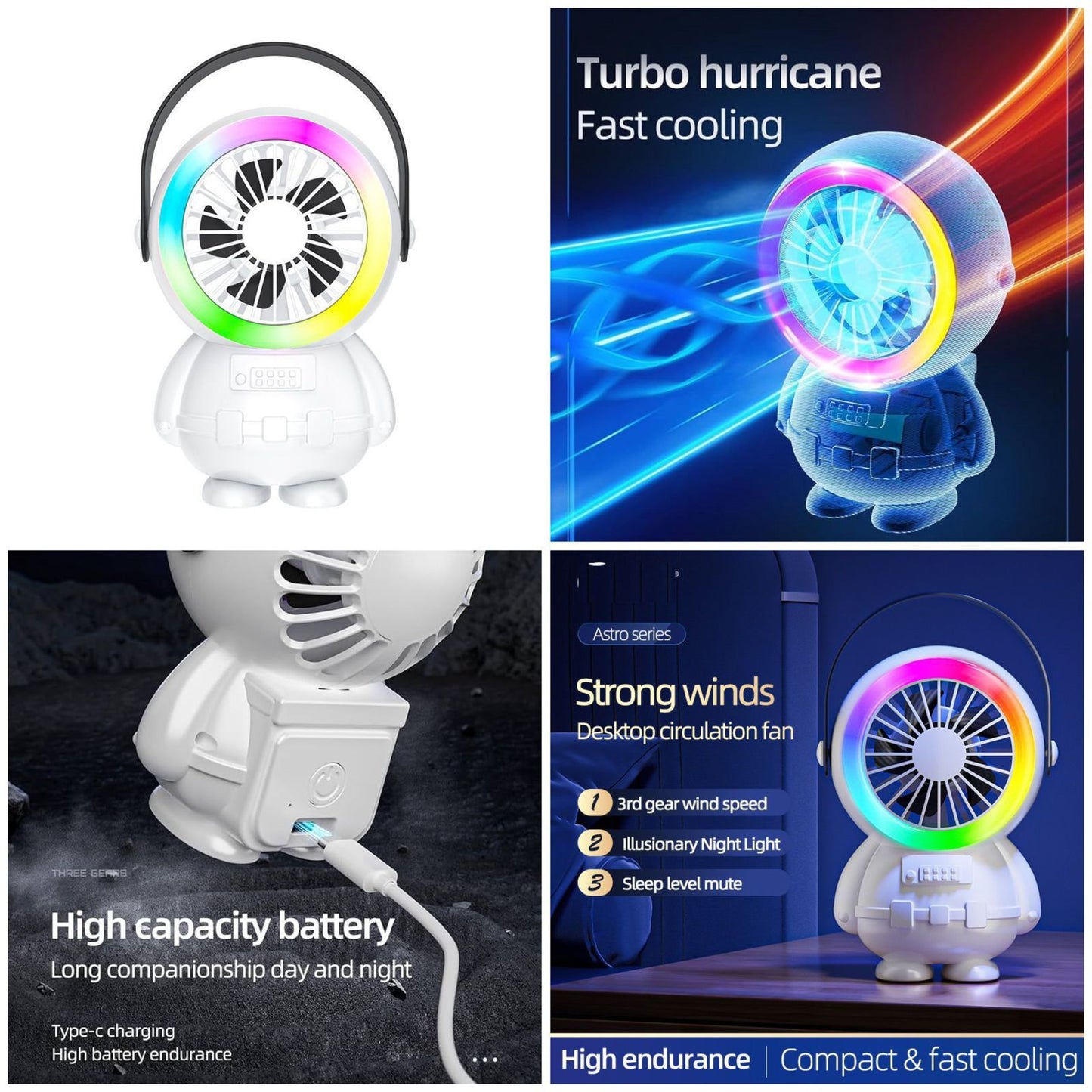 Astro Series Astronaut Mini Desktop Fan – USB Rechargeable Portable Fan with RGB Night Light