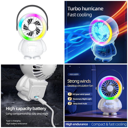Astro Series Astronaut Mini Desktop Fan – USB Rechargeable Portable Fan with RGB Night Light