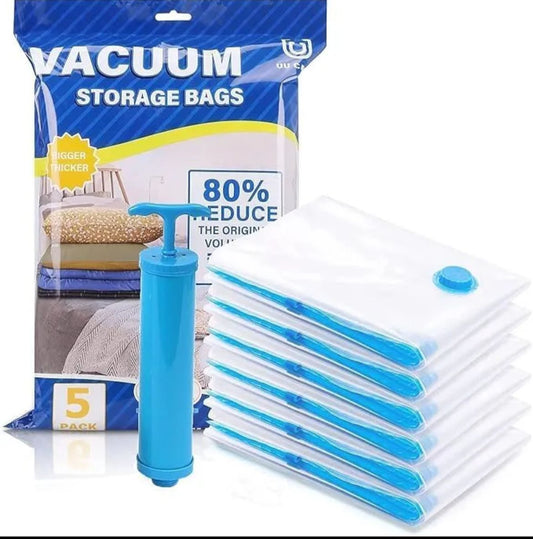 Vacuum Storage Bags Set of 5 – Space Saver Compression Bags with Hand Pump for Clothes, Bedding, Blankets & Travel